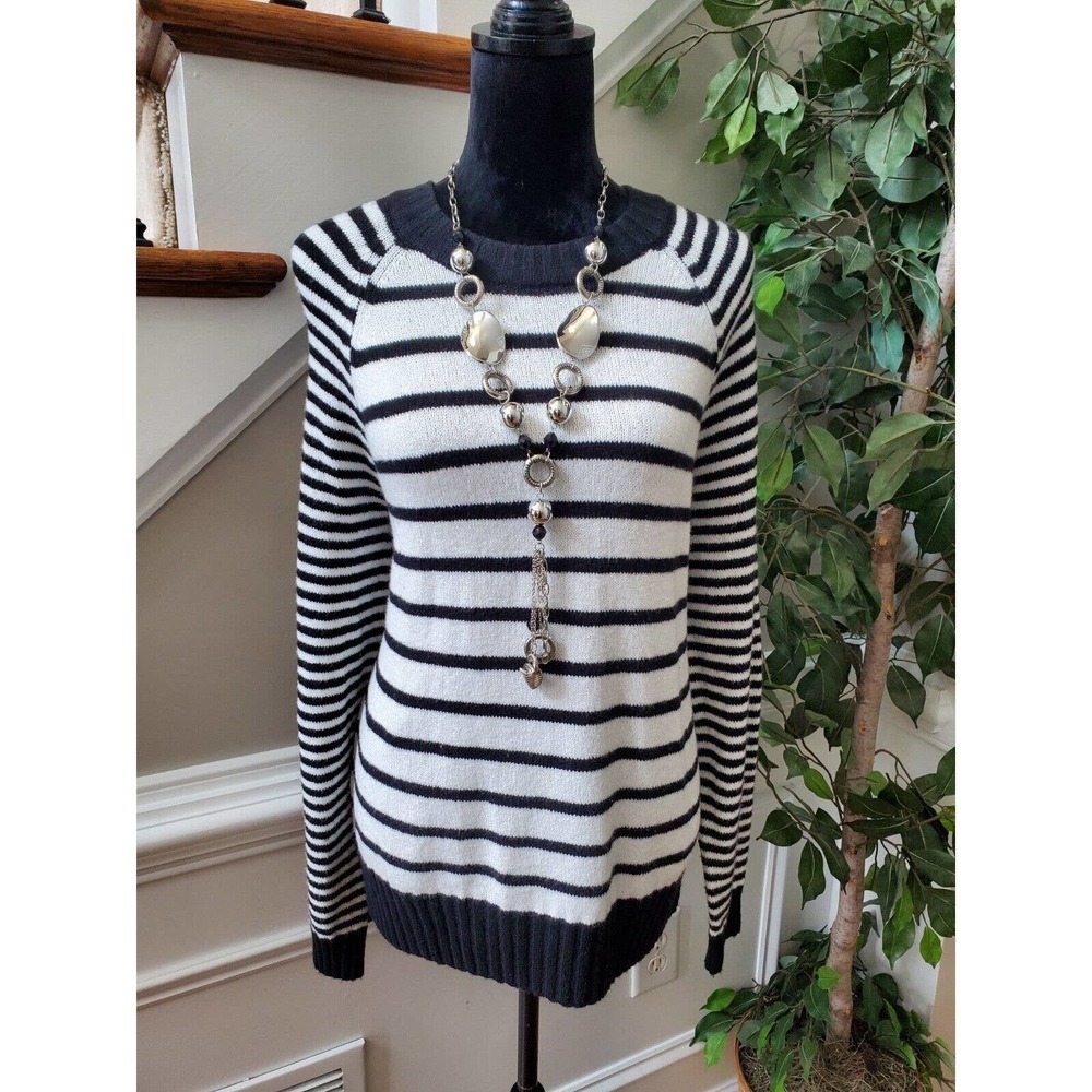 Time & Tru Women Black & White Cotton Round Neck Long Sleeve Pullover Sweater L